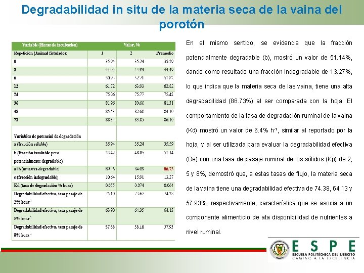 Degradabilidad in situ de la materia seca de la vaina del porotón En el