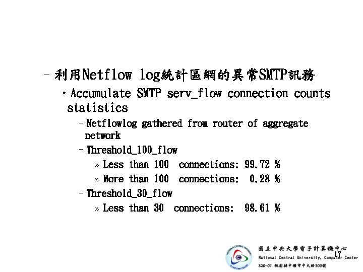 –利用Netflow log統計區網的異常SMTP訊務 • Accumulate SMTP serv_flow connection counts statistics –Netflowlog gathered from router of