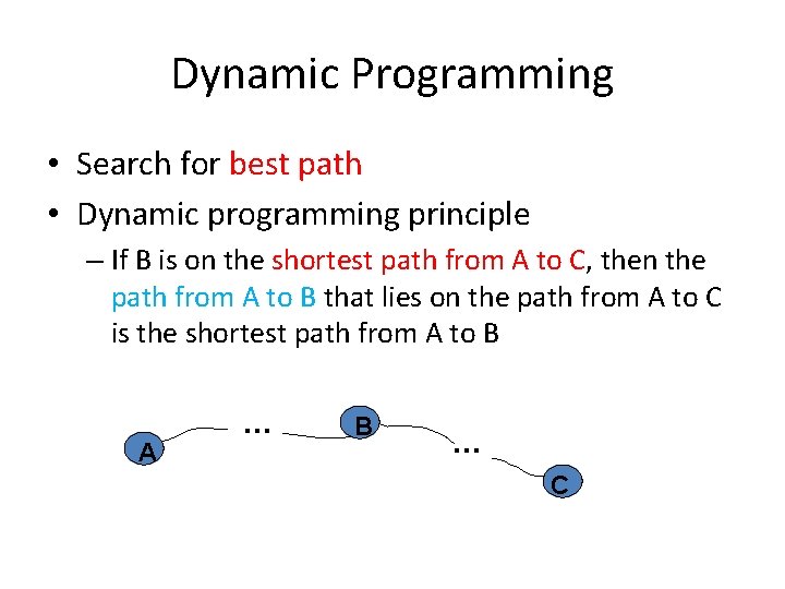 Dynamic Programming • Search for best path • Dynamic programming principle – If B