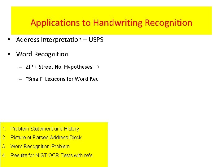 Applications to Handwriting Recognition • Address Interpretation – USPS • Word Recognition – ZIP