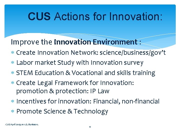 CUS Actions for Innovation: Improve the Innovation Environment : Create Innovation Network: science/business/gov’t Labor CUS Actions for Innovation: Improve the Innovation Environment : Create Innovation Network: science/business/gov’t Labor