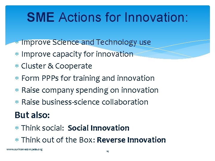 SME Actions for Innovation: Improve Science and Technology use Improve capacity for innovation Cluster SME Actions for Innovation: Improve Science and Technology use Improve capacity for innovation Cluster