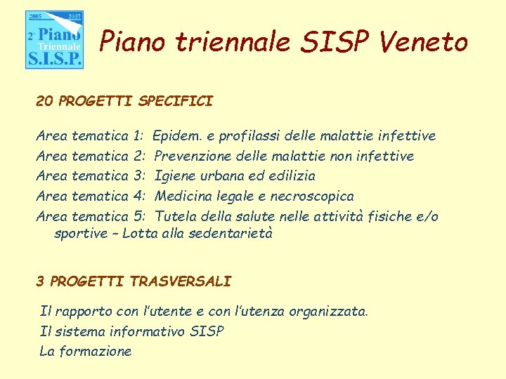 Piano triennale SISP Veneto 20 PROGETTI SPECIFICI Area tematica 1: Epidem. e profilassi delle