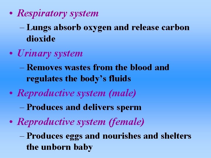  • Respiratory system – Lungs absorb oxygen and release carbon dioxide • Urinary