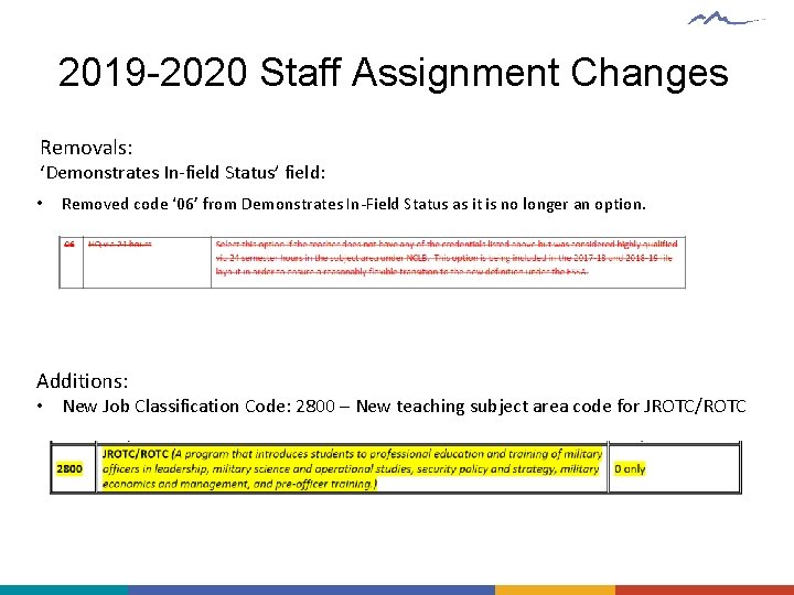2019 -2020 Staff Assignment Changes Removals: ‘Demonstrates In-field Status’ field: • Removed code ‘ 2019 -2020 Staff Assignment Changes Removals: ‘Demonstrates In-field Status’ field: • Removed code ‘