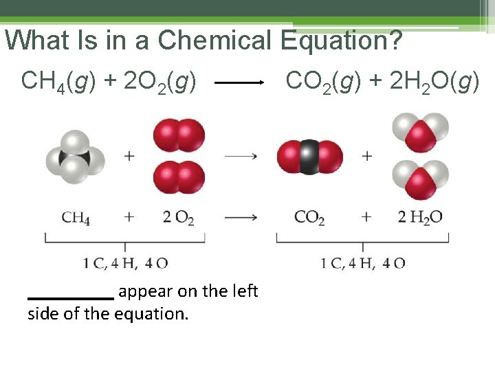 What Is in a Chemical Equation? CH 4(g) + 2 O 2(g) _____ appear What Is in a Chemical Equation? CH 4(g) + 2 O 2(g) _____ appear