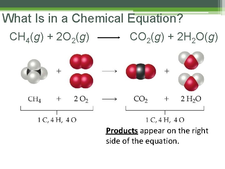 What Is in a Chemical Equation? CH 4(g) + 2 O 2(g) CO 2(g) What Is in a Chemical Equation? CH 4(g) + 2 O 2(g) CO 2(g)