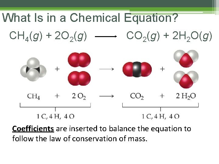 What Is in a Chemical Equation? CH 4(g) + 2 O 2(g) CO 2(g) What Is in a Chemical Equation? CH 4(g) + 2 O 2(g) CO 2(g)