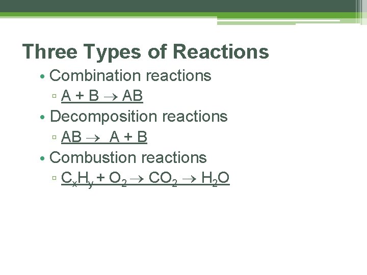 Three Types of Reactions • Combination reactions ▫ A + B AB • Decomposition Three Types of Reactions • Combination reactions ▫ A + B AB • Decomposition