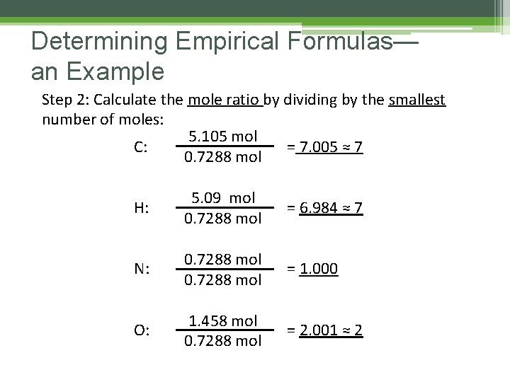 Determining Empirical Formulas— an Example Step 2: Calculate the mole ratio by dividing by Determining Empirical Formulas— an Example Step 2: Calculate the mole ratio by dividing by