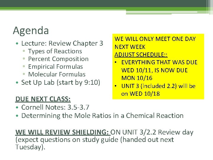 Agenda • Lecture: Review Chapter 3 ▫ ▫ Types of Reactions Percent Composition Empirical Agenda • Lecture: Review Chapter 3 ▫ ▫ Types of Reactions Percent Composition Empirical