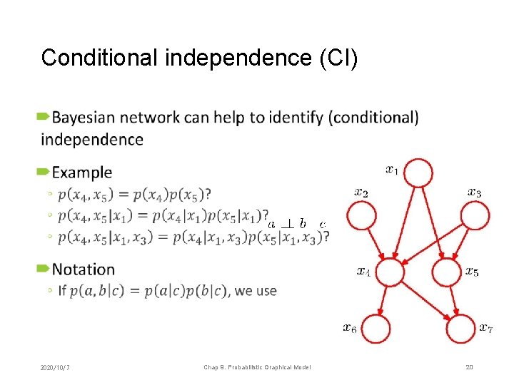 Conditional independence (CI) • 2020/10/7 Chap 9. Probabilistic Graphical Model 20 