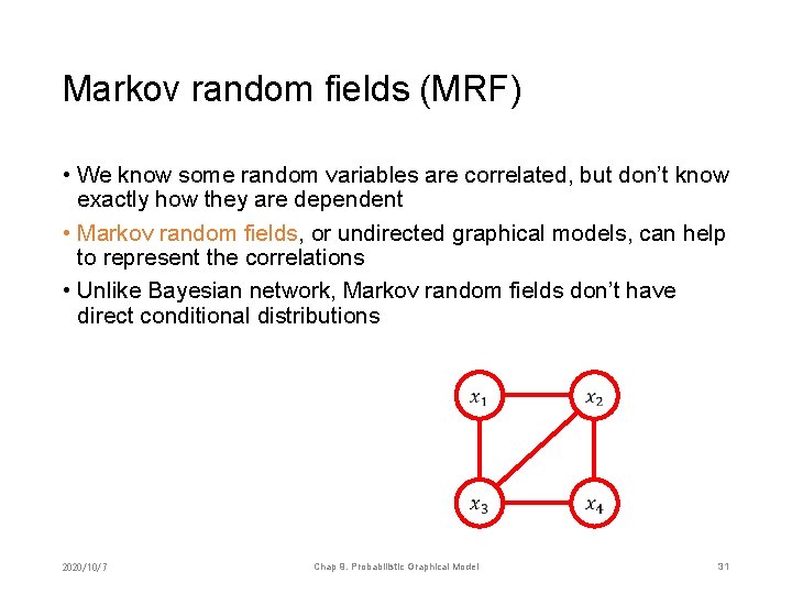 Markov random fields (MRF) • We know some random variables are correlated, but don’t