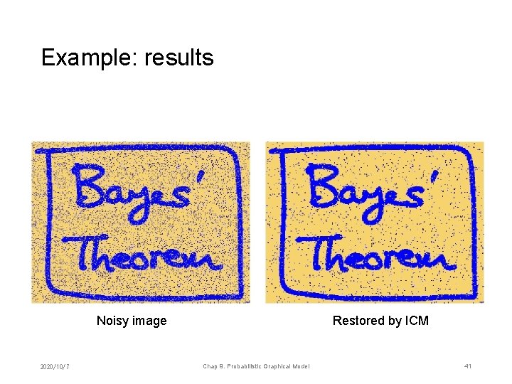 Example: results Noisy image 2020/10/7 Restored by ICM Chap 9. Probabilistic Graphical Model 41