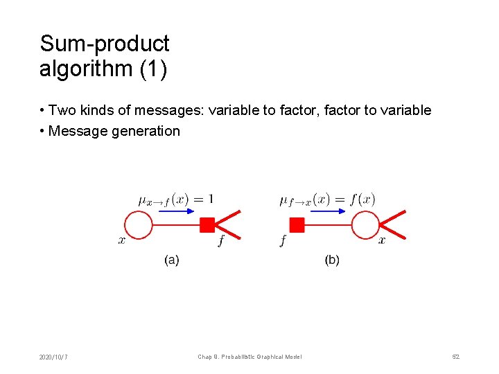 Sum-product algorithm (1) • Two kinds of messages: variable to factor, factor to variable