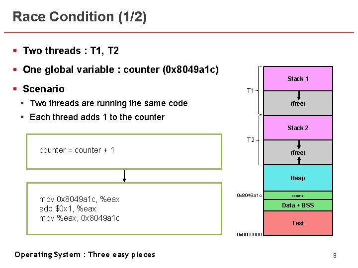 Race Condition (1/2) § Two threads : T 1, T 2 § One global