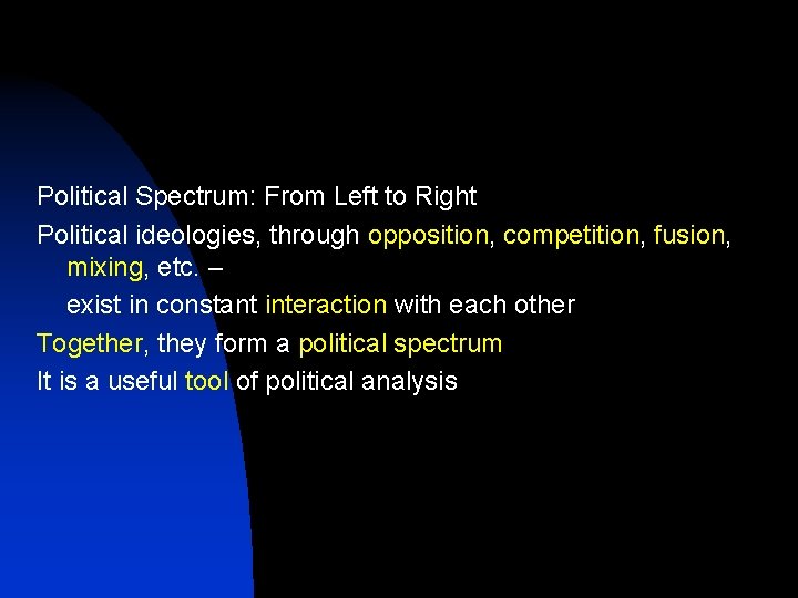 Political Spectrum: From Left to Right Political ideologies, through opposition, competition, fusion, mixing, etc.