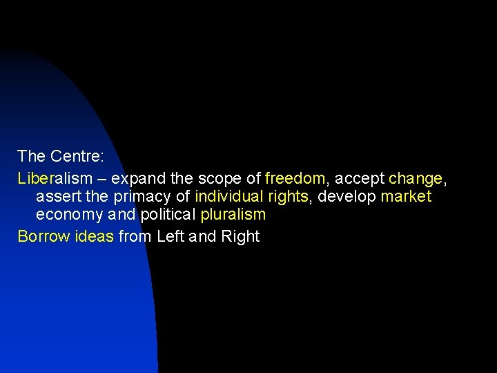 The Centre: Liberalism – expand the scope of freedom, accept change, assert the primacy