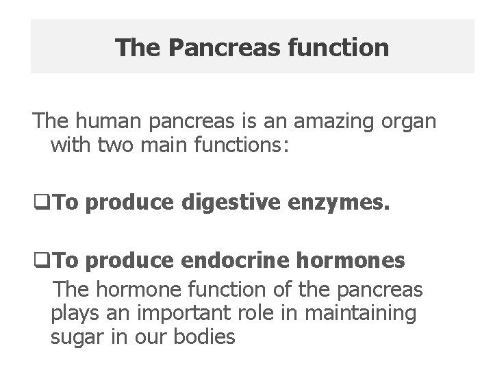 The Pancreas function The human pancreas is an amazing organ with two main functions: