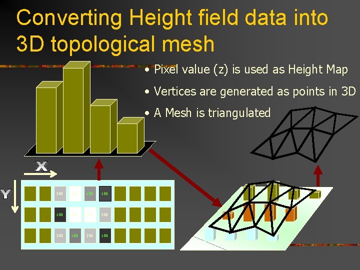 Converting Height field data into 3 D topological mesh • Pixel value (z) is