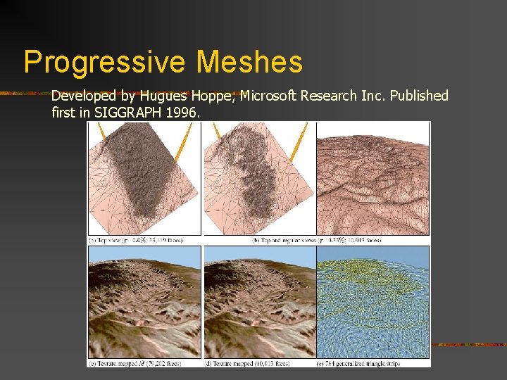 Progressive Meshes Developed by Hugues Hoppe, Microsoft Research Inc. Published first in SIGGRAPH 1996.