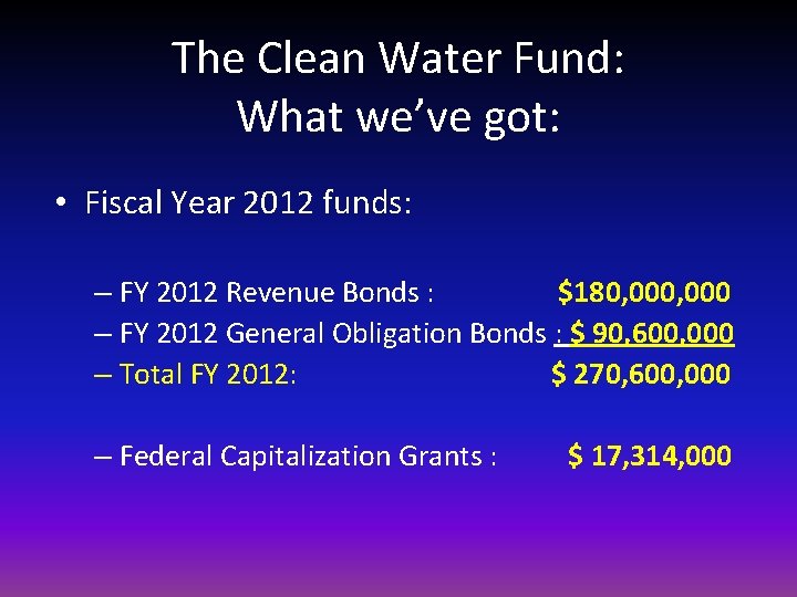 The Clean Water Fund: What we’ve got: • Fiscal Year 2012 funds: – FY