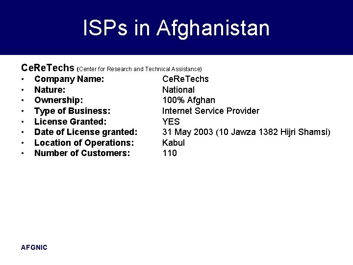 ISPs in Afghanistan Ce. Re. Techs (Center for Research and Technical Assistance) • •