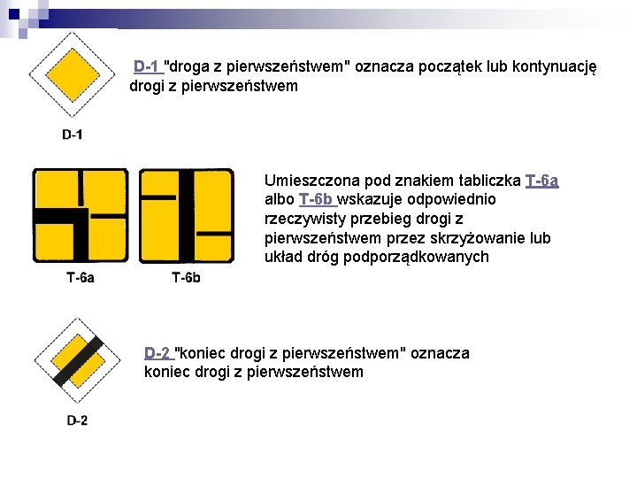  D-1 "droga z pierwszeństwem" oznacza początek lub kontynuację drogi z pierwszeństwem Umieszczona pod