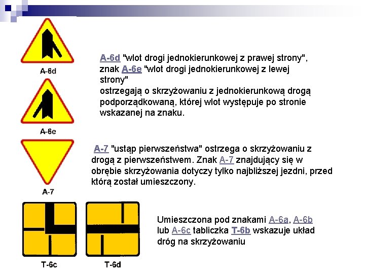 A-6 d "wlot drogi jednokierunkowej z prawej strony", znak A-6 e "wlot drogi jednokierunkowej