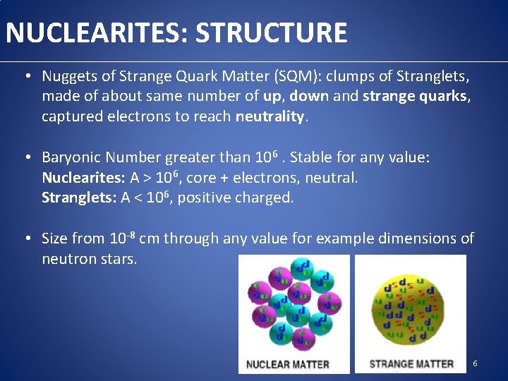 NUCLEARITES: STRUCTURE • Nuggets of Strange Quark Matter (SQM): clumps of Stranglets, made of