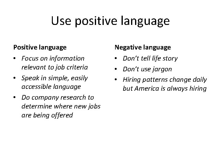 Use positive language Positive language Negative language • Focus on information relevant to job