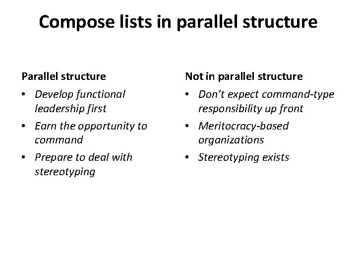 Compose lists in parallel structure Parallel structure Not in parallel structure • Develop functional