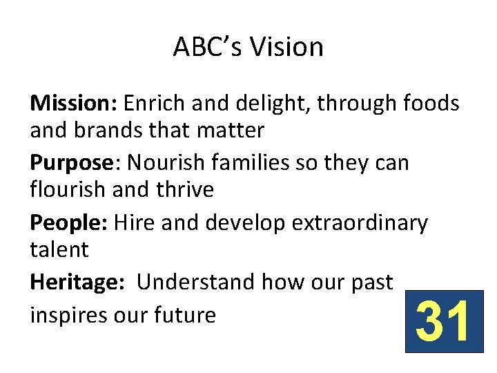 ABC’s Vision Mission: Enrich and delight, through foods and brands that matter Purpose: Nourish