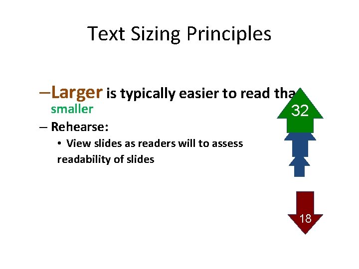 Text Sizing Principles –Larger is typically easier to read than smaller – Rehearse: 32