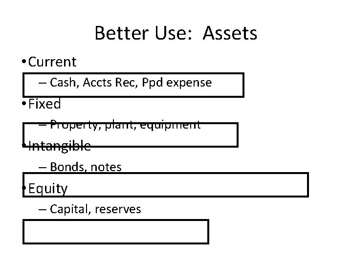 Better Use: Assets • Current – Cash, Accts Rec, Ppd expense • Fixed –