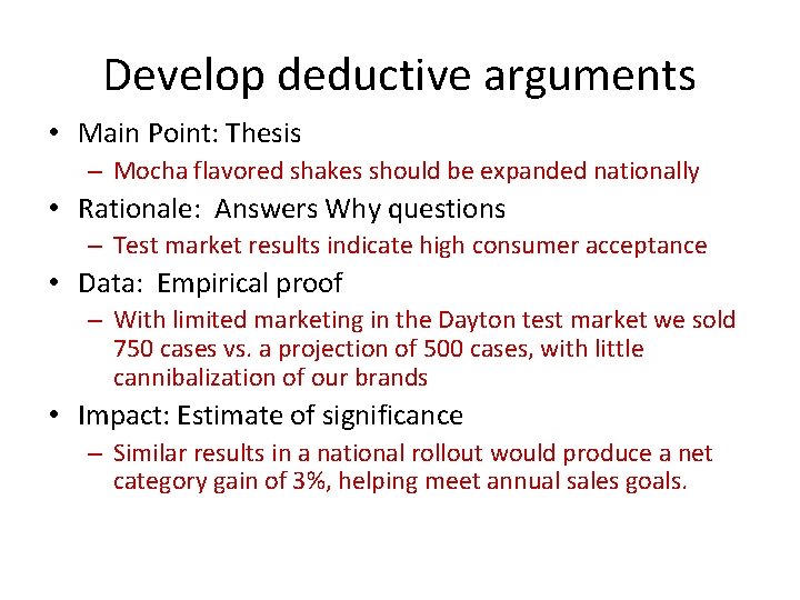 Develop deductive arguments • Main Point: Thesis – Mocha flavored shakes should be expanded