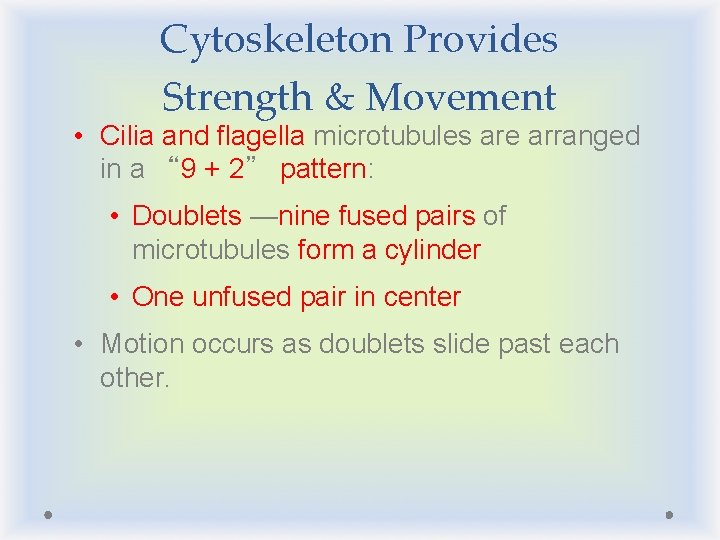 Cytoskeleton Provides Strength & Movement • Cilia and flagella microtubules are arranged in a