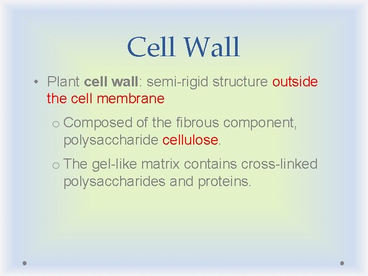 Cell Wall • Plant cell wall: semi-rigid structure outside the cell membrane o Composed