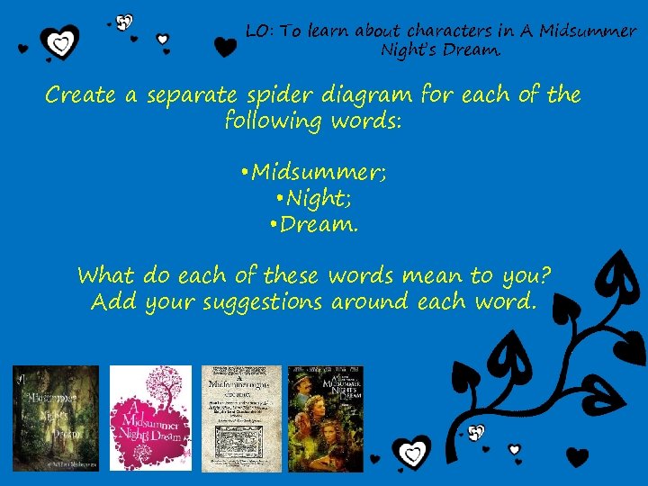 LO: To learn about characters in A Midsummer Night’s Dream. Create a separate spider