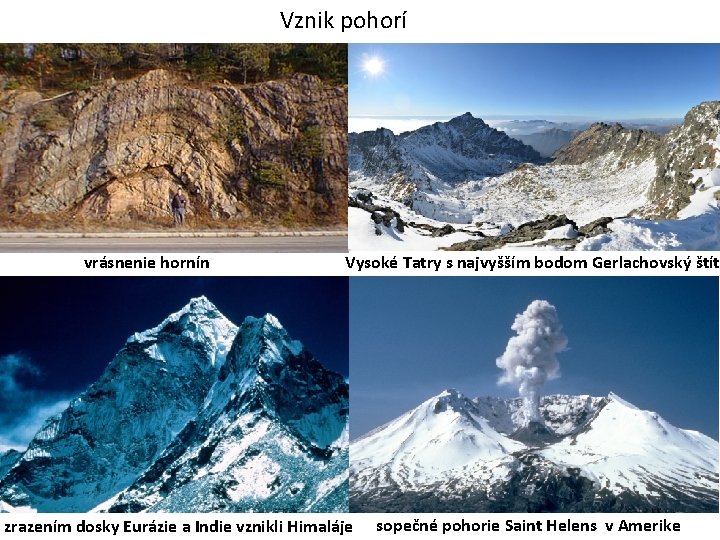 Vznik pohorí vrásnenie hornín Vysoké Tatry s najvyšším bodom Gerlachovský štít zrazením dosky Eurázie