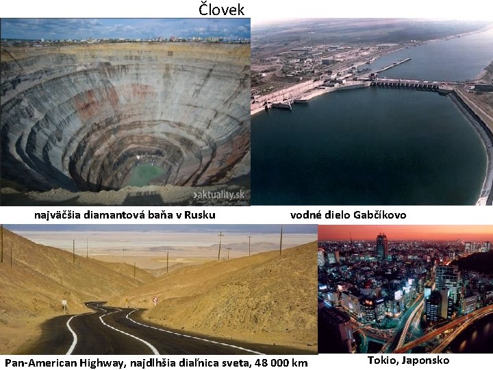 Človek najväčšia diamantová baňa v Rusku vodné dielo Gabčíkovo Pan-American Highway, najdlhšia diaľnica sveta,