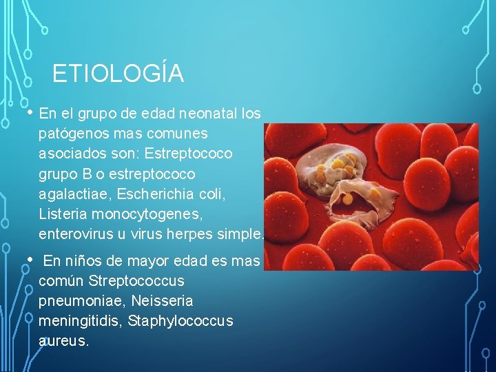 ETIOLOGÍA • En el grupo de edad neonatal los patógenos mas comunes asociados son: