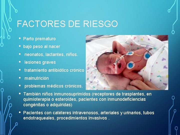 FACTORES DE RIESGO • • Parto prematuro • Pacientes con catéteres intravenosos, arteriales y