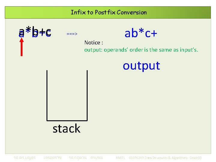 Infix to Postfix Conversion aa*b+c ===> ab*c+ Notice : output: operands’ order is the