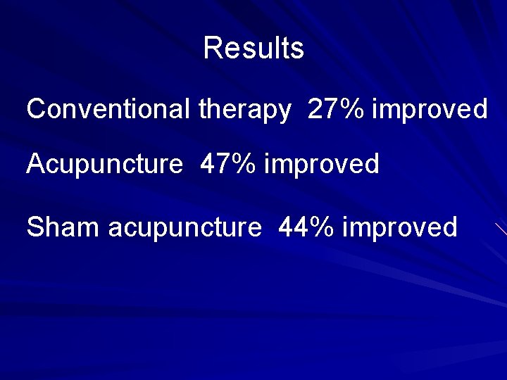 Results Conventional therapy 27% improved Acupuncture 47% improved Sham acupuncture 44% improved 