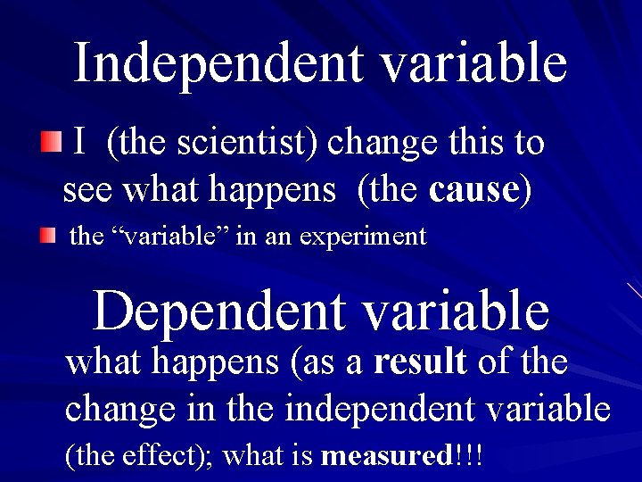 Independent variable I (the scientist) change this to see what happens (the cause) the