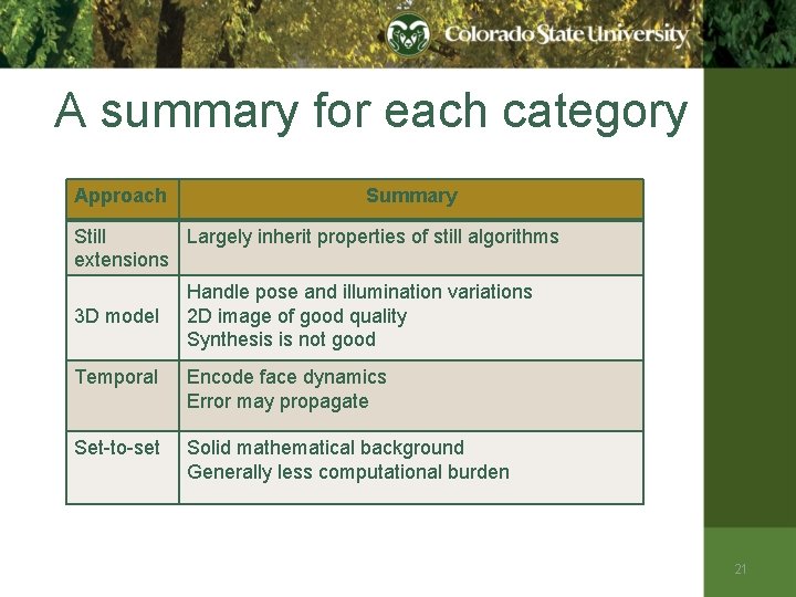A summary for each category Approach Summary Still Largely inherit properties of still algorithms