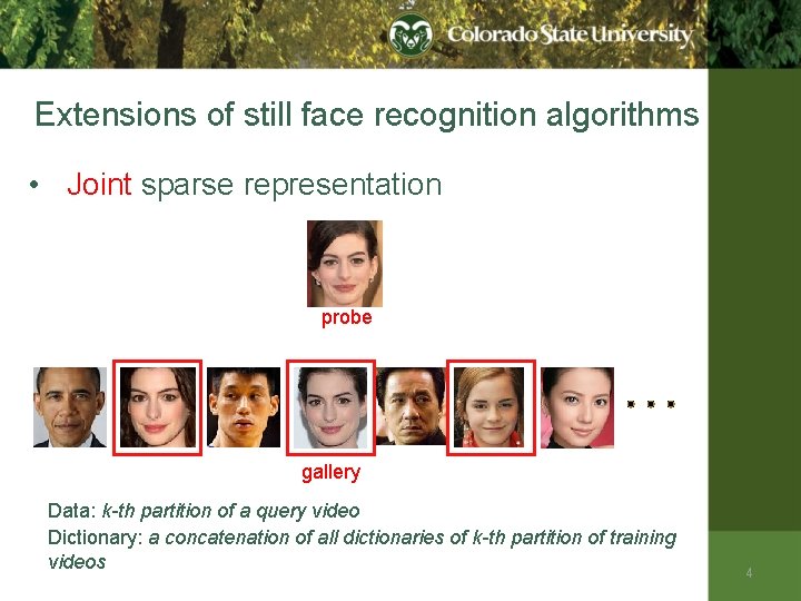 Extensions of still face recognition algorithms • Joint sparse representation probe gallery Data: k-th