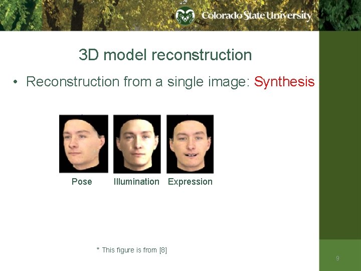 3 D model reconstruction • Reconstruction from a single image: Synthesis Pose Illumination Expression