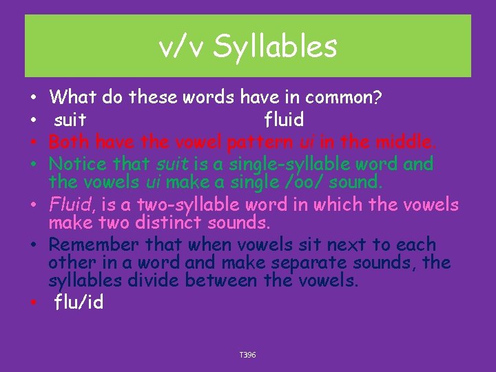 v/v Syllables What do these words have in common? suit fluid Both have the